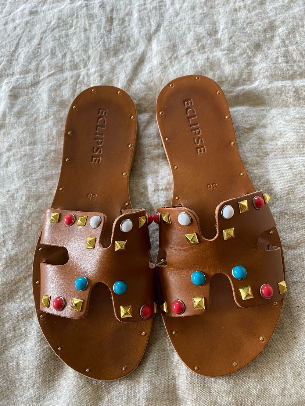 Eclipse Brown Leather Slides with Gold Studs and Multicolor Rivets